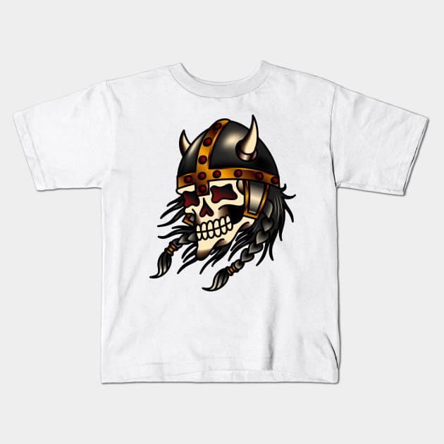 Viking Skull Kids T-Shirt by OldSalt